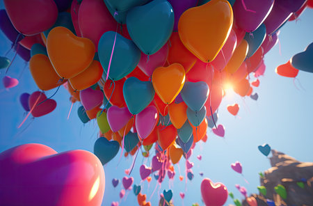 Colorful heart-shaped balloons on blue sky background. Valentines day conceptの素材