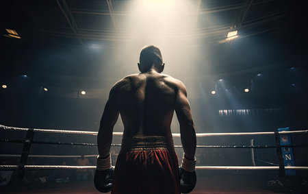 Rear view of a boxer standing in the corner of the ringの素材