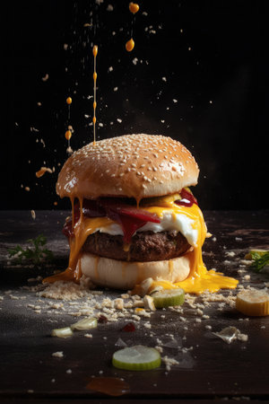 Hamburger with cheese, ketchup and mayonnaise on black backgroundの素材