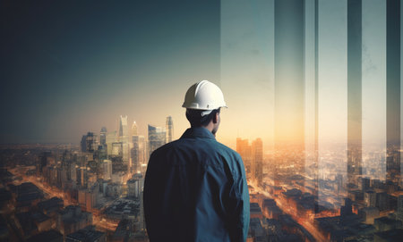 Back view of engineer looking at modern cityscape. Architecture and construction conceptの素材
