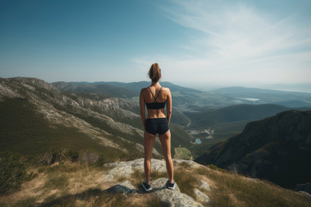 Back view of sportswoman standing on top of mountain and looking at valleyの素材