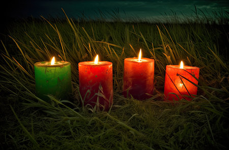 Three burning candles in the grass. Shallow depth of field.の素材