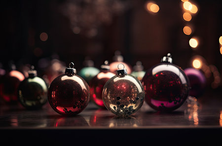 Christmas ornaments on a wooden background with bokeh lightsの素材
