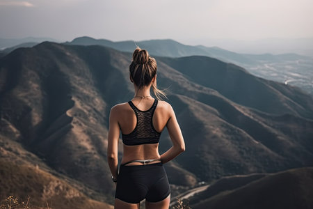 Back view of young woman in sportswear standing on top of mountain and looking at valleyの素材