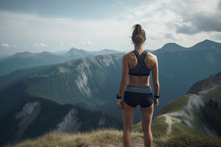 Athletic young woman in sportswear standing on top of a mountain and looking at the landscapeの素材