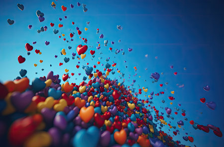 Colorful hearts flying in the air. 3d rendering toned imageの素材