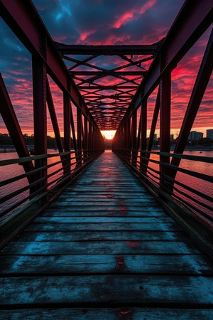 Sunset over a wooden bridge over the Hudson River in New York Cityの素材