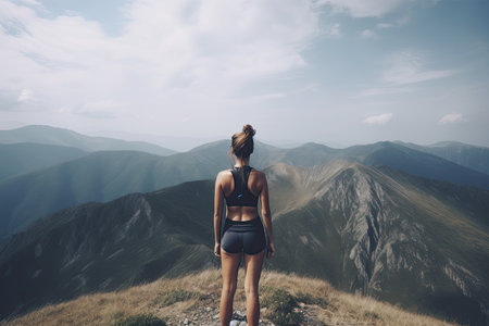 Back view of young woman in sportswear standing on top of mountain and looking at the valleyの素材