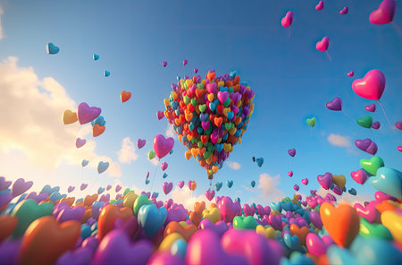 Colorful heart balloons flying in the blue sky. 3d renderingの素材