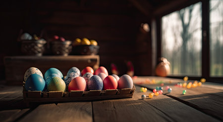 Easter eggs on a wooden table in front of a window.の素材