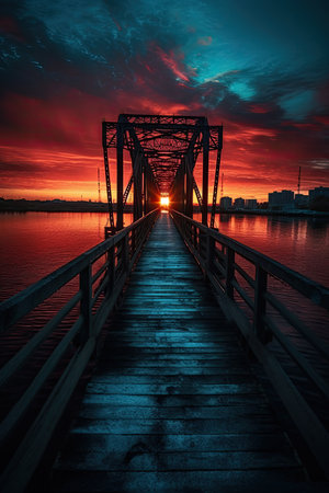Sunset over the old wooden bridge over the river in the cityの素材