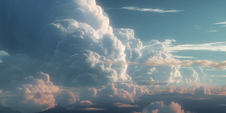 3d illustration of a beautiful cloudy sky with sun rays coming from behindの素材