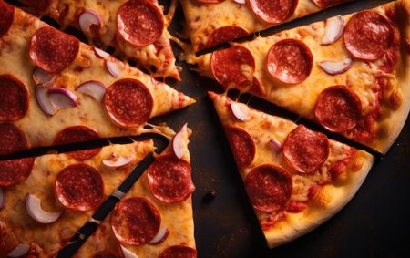 Pepperoni pizza with mozzarella cheese, red onion and salamiの素材