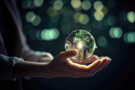 Close up of businesswoman hand holding glass globe with green bokeh backgroundの素材
