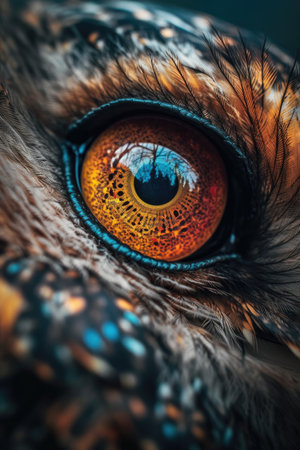 Close up of a beautiful owl eye. Macro shot of bird eye.の素材