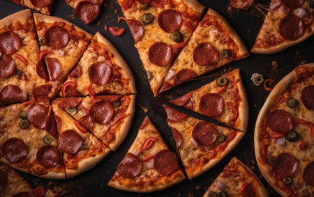 Pizza with salami, pepperoni and olives on black backgroundの素材