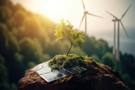 Ecology concept with green tree and wind turbine on top of mountainの素材