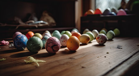 Colorful easter eggs on rustic wooden table, selective focusの素材