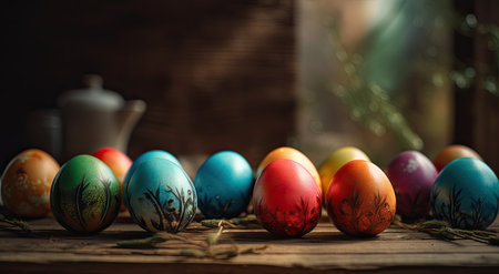 Colorful easter eggs on rustic wooden table with copy spaceの素材