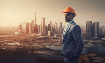Businessman with hardhat on the background of a modern city.の素材