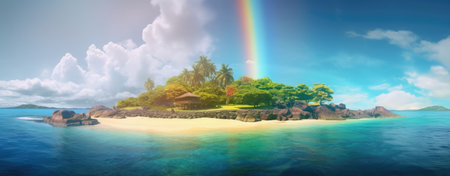 Beautiful tropical island with palm trees and a rainbow in the skyの素材