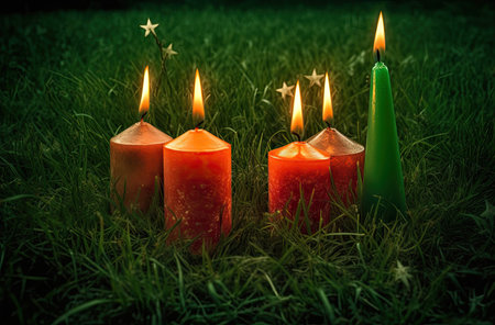Three burning candles on green grass with stars in the background. Toned.の素材