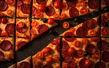 Slices of pizza with salami, cherry tomatoes and olivesの素材