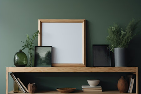 Interior of modern living room with green walls, wooden shelf with books, plants and mock up poster frame. 3d renderingの素材