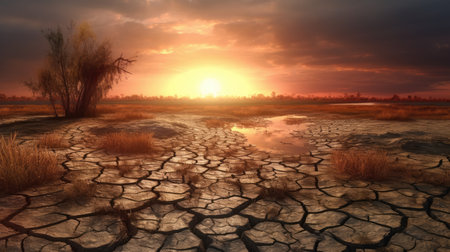 Dry land with dry grass at sunset, 3d render illustrationの素材