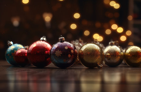 Christmas balls on a wooden table with a bokeh background.の素材