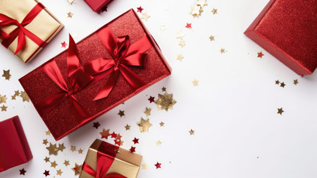 Gift boxes with red ribbons on white background, top viewの素材