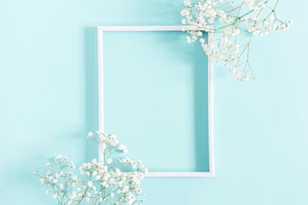 Flowers composition. Frame made of gypsophila flowers on pastel blue background. Flat lay, top view, copy spaceの素材