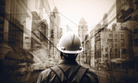 Double exposure of Engineer or architect with safety helmet and building background.の素材