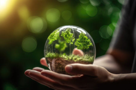 Close up of human hands holding glass globe with green plant growing insideの素材