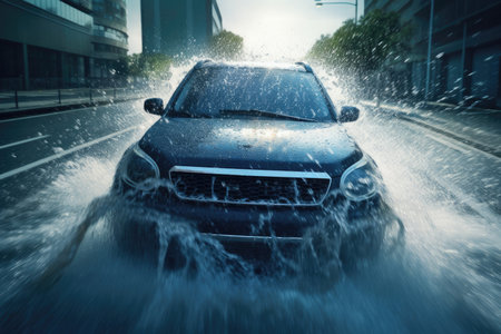 Car driving through heavy rain on a city street. Shallow depth of fieldの素材