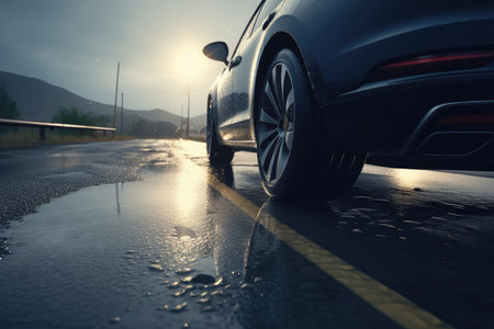 Car driving on a wet road in the rain with sun rays.の素材