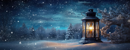 Lantern in snowy forest at night. 3D rendering.の素材