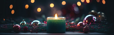 Christmas and New Year background with burning candle, baubles and lightsの素材