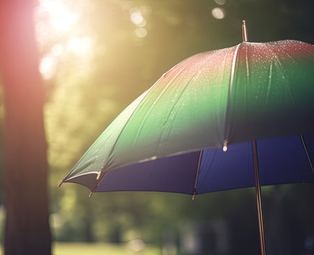 Umbrella in the park with sun flare and bokehの素材
