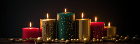 Christmas candles with golden baubles on black background. 3d renderingの素材