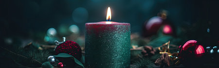 Christmas decoration with burning candle on dark background. Christmas greeting card.の素材