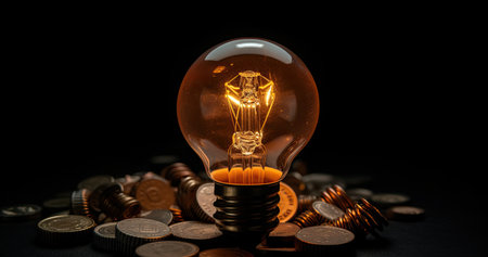 Light bulb and coins on black background, idea and innovation concept.の素材