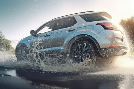 3D rendering of a brand-less generic SUV driving through the rainの素材