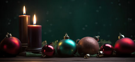 Christmas background with candles and baubles. 3d illustration.の素材