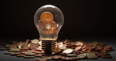 Light bulb and coins on dark background, idea and innovation concept.の素材