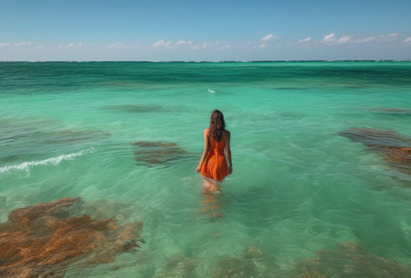 Young woman in orange dress standing in crystal clear turquoise seaの素材