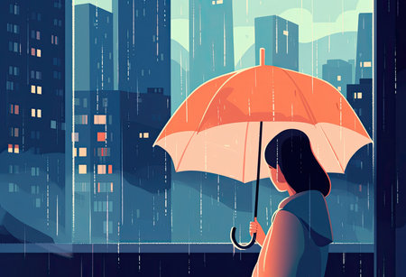 Girl with an umbrella in the rain. Vector illustration in flat styleの素材
