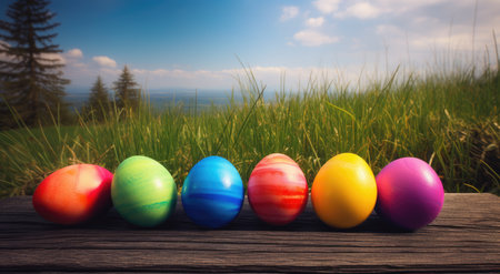 Colorful easter eggs on wooden table in front of nature backgroundの素材