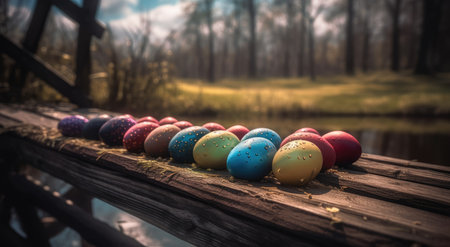 Colorful easter eggs on a wooden bridge in the forest.の素材