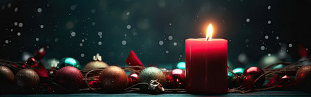 Christmas and New Year background with burning candle and baubles on dark backgroundの素材